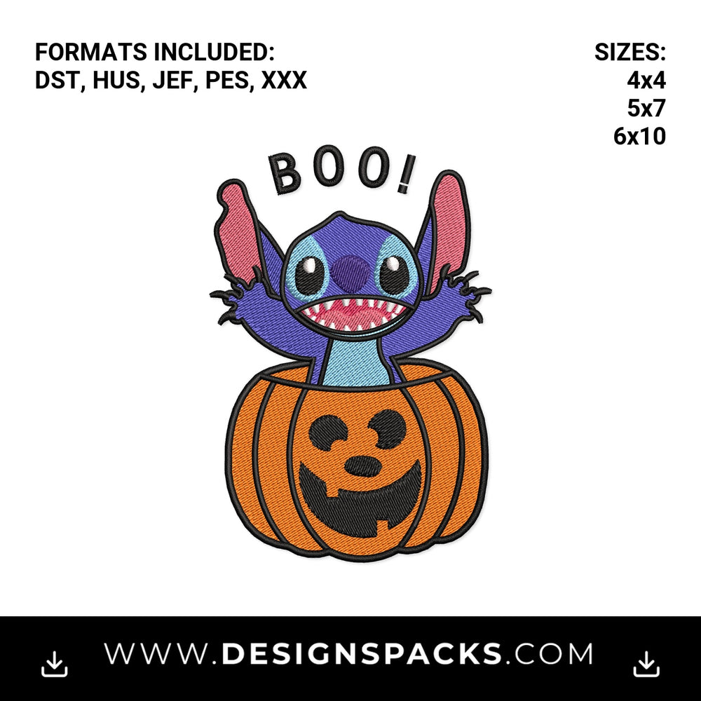 Halloween Stitch in Pumpkin Boo Embroidery Design - Instant digital download pattern at Designspacks.com