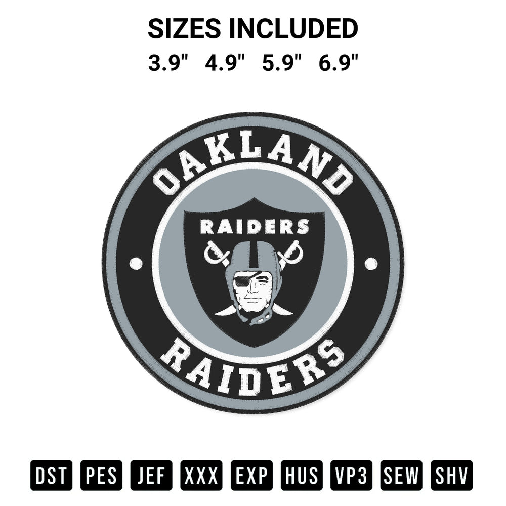 Get the Nfl Oakland Raiders Logo Embroidery Design embroidery design for your custom crafts! Premium digitized files available for instant download at Designspacks.com. Available sizes: 3.9", 4.9", 5.9", 6.9".