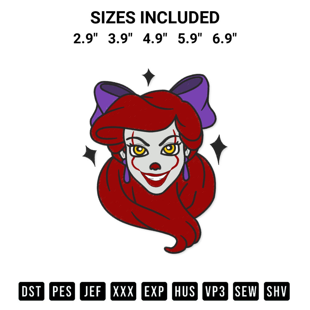 Add a unique touch to your apparel with the Ariel Pennywise Halloween Embroidery Design embroidery file. Premium instant download available now on Designspacks.com. Available sizes: 2.9", 3.9", 4.9", 5.9", 6.9".
