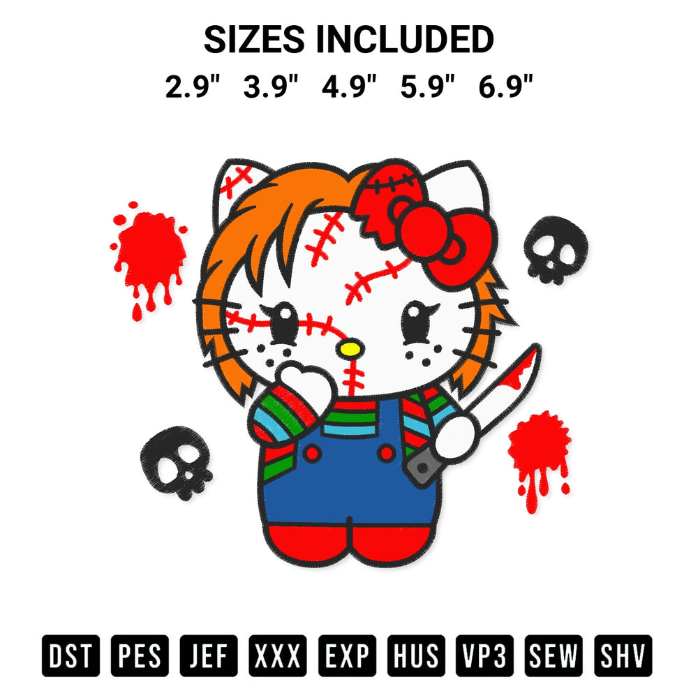 Download the Halloween Hello Kitty Chucky Embroidery Design machine embroidery design exclusively at Designspacks.com. Premium digitized pattern for apparel and DIY crafts. Available sizes: 2.9", 3.9", 4.9", 5.9", 6.9".