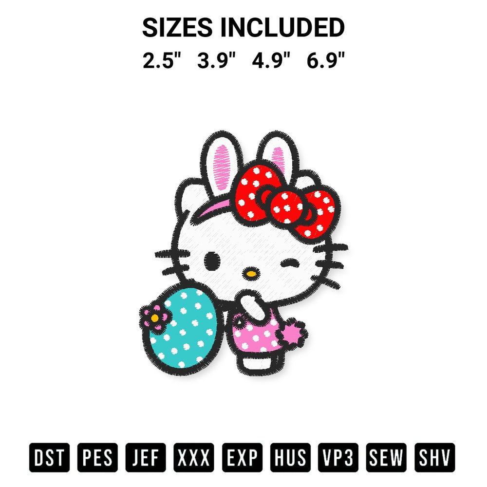 Stitch like a pro with the Hello Kitty And Easter Egg Embroidery Design embroidery pattern from Designspacks.com. High-quality digital machine embroidery file. Available sizes: 2.5", 3.9", 4.9", 6.9".