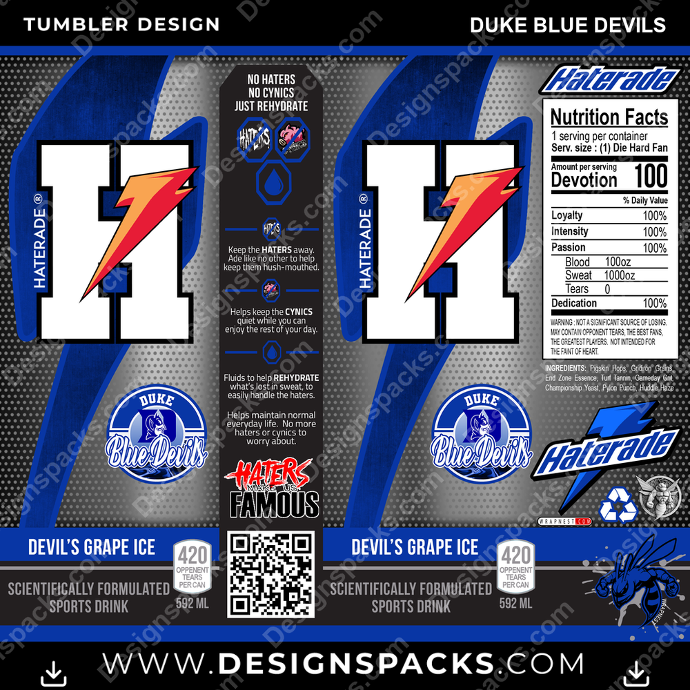 College Sport Haterade Duke Blue Devils Tumbler Digital Wrap Design