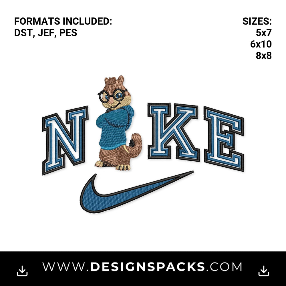 Simon Chipmunk Blue Nike Swoosh Embroidery Design - Instant digital download pattern at Designspacks.com