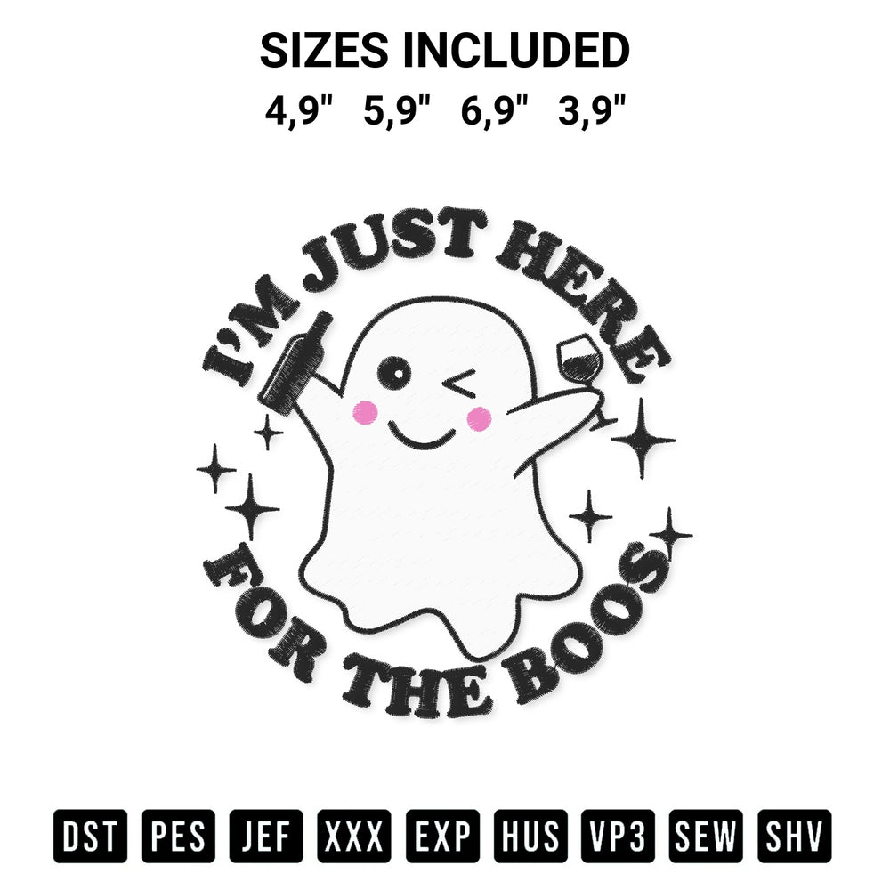 Create amazing crafts with the Cute Ghost Im Just Here For The Boos Halloween Drinking Party Logo Embroidery Design embroidery file. High-quality digital download from Designspacks.com, perfect for beginners and pros. Available sizes: 4,9", 5,9", 6,9", 3,9".