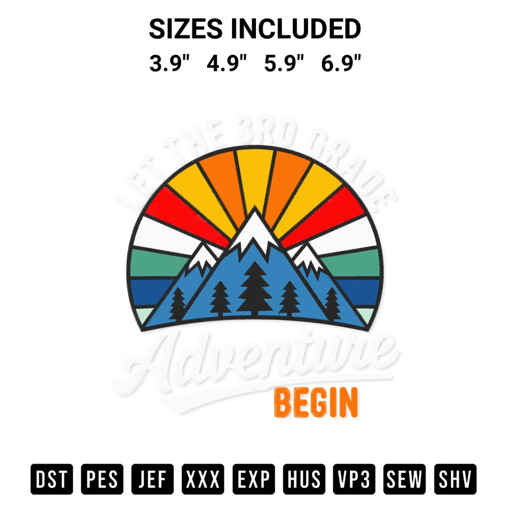 Shop the Let The 3Nd Grade Adventure Begin Embroidery Design machine embroidery pattern at Designspacks.com. Beautifully digitized for flawless stitching on any fabric. Available sizes: 3.9", 4.9", 5.9", 6.9".