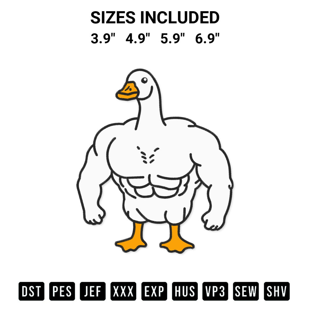 Transform your fabrics with the Muscular Duck Embroidery Design embroidery design. Instant access to premium digitized patterns at Designspacks.com. Available sizes: 3.9", 4.9", 5.9", 6.9".