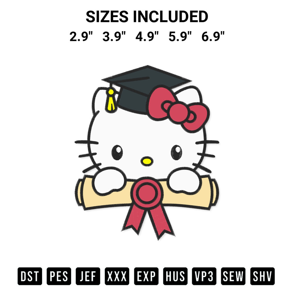 Download the Hello Kitty Graduation Embroidery Design machine embroidery design exclusively at Designspacks.com. Premium digitized pattern for apparel and DIY crafts. Available sizes: 2.9", 3.9", 4.9", 5.9", 6.9".