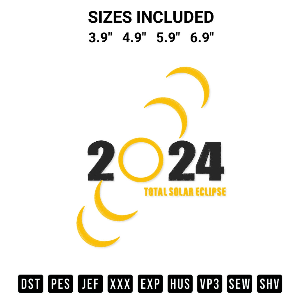 Looking for the perfect pattern? Download the Total Solar Eclipse 2024 Embroidery Design embroidery design today at Designspacks.com. Crisp, clean stitching guaranteed. Available sizes: 3.9", 4.9", 5.9", 6.9".