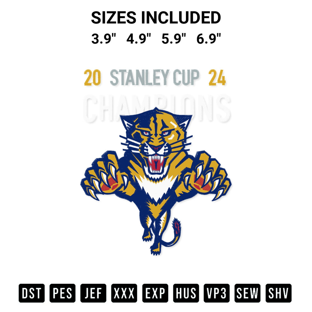 Add a unique touch to your apparel with the 2024 Stanley Cup Champions Florida Panthers Embroidery Design embroidery file. Premium instant download available now on Designspacks.com. Available sizes: 3.9", 4.9", 5.9", 6.9".