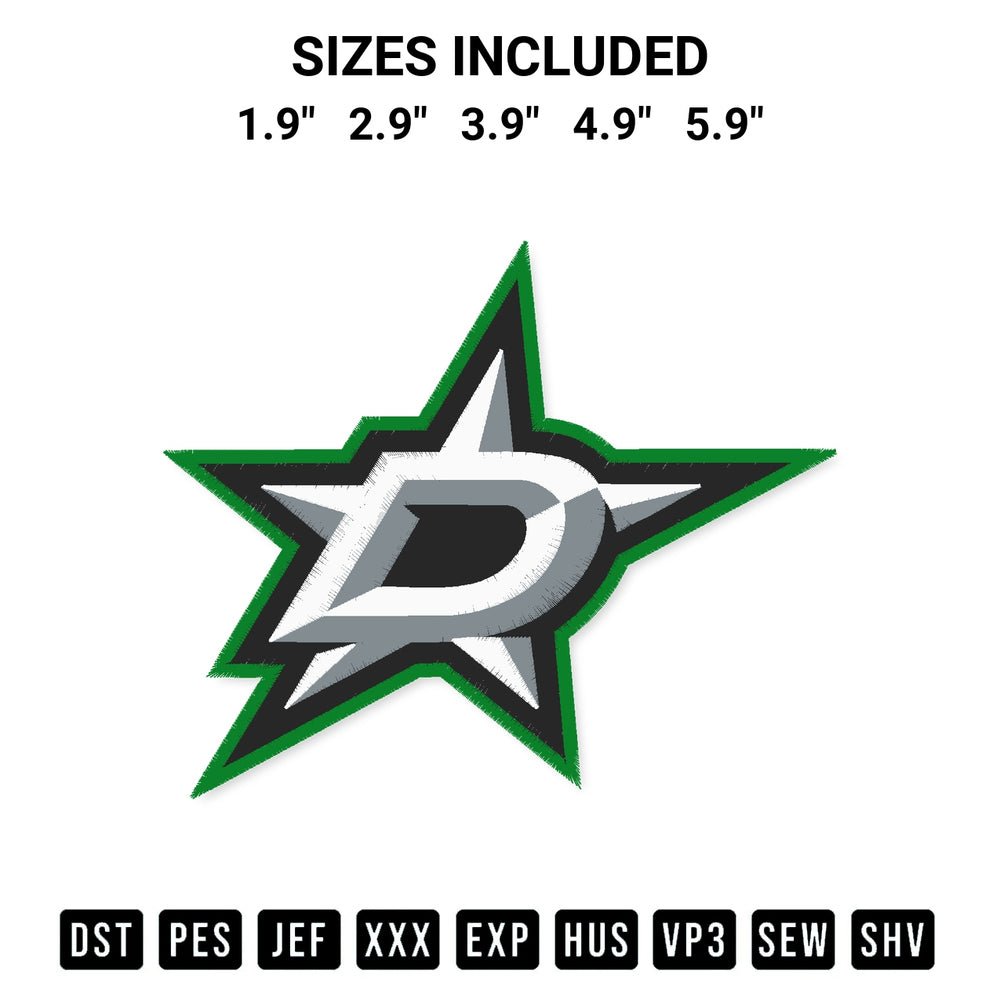Discover the perfect addition to your crafting collection: Dallas Stars Logo Embroidery Design embroidery file. Instantly available at Designspacks.com. Available sizes: 1.9", 2.9", 3.9", 4.9", 5.9".
