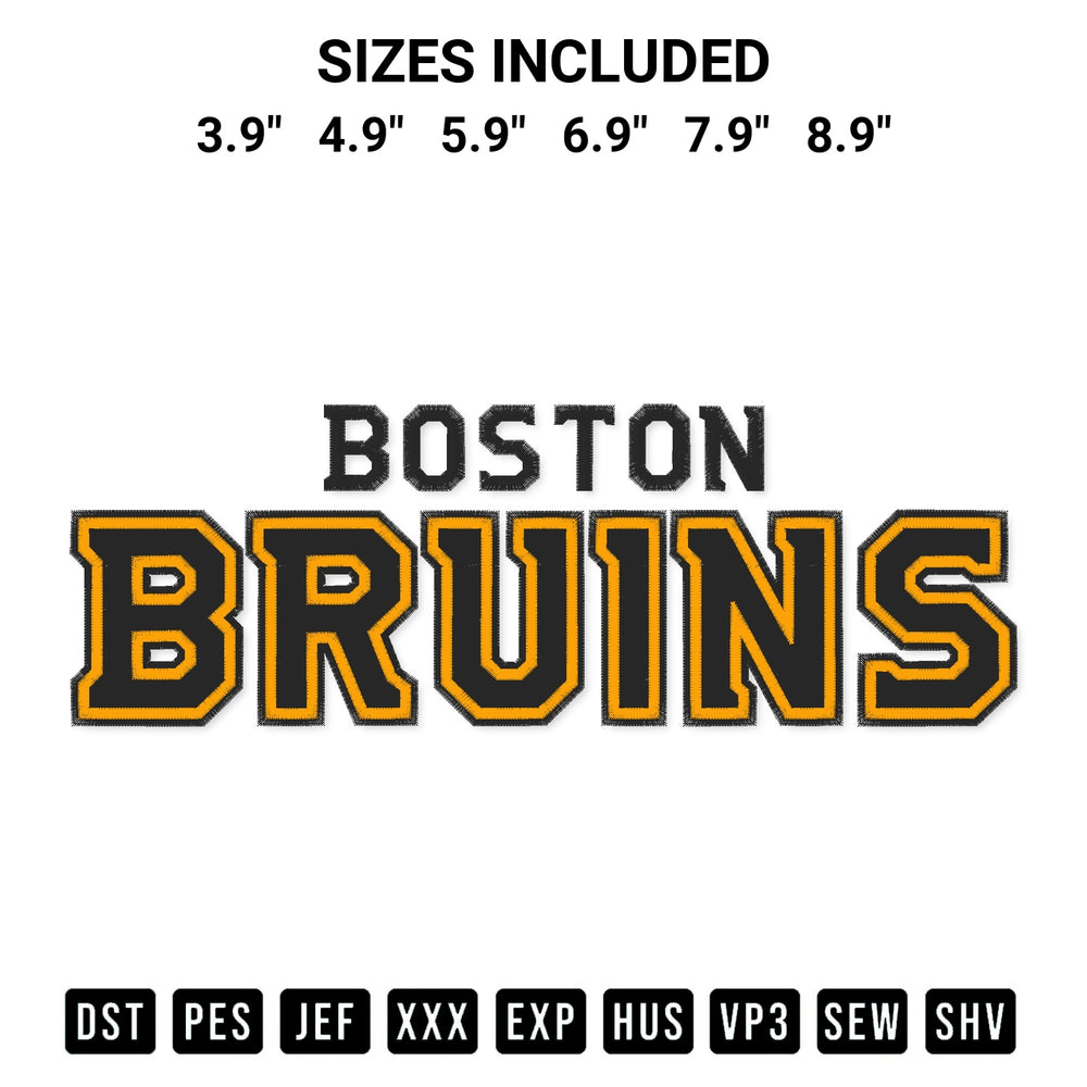 Get the Boston Bruins Wordmark Embroidery Design embroidery design for your custom crafts! Premium digitized files available for instant download at Designspacks.com. Available sizes: 3.9", 4.9", 5.9", 6.9", 7.9", 8.9".