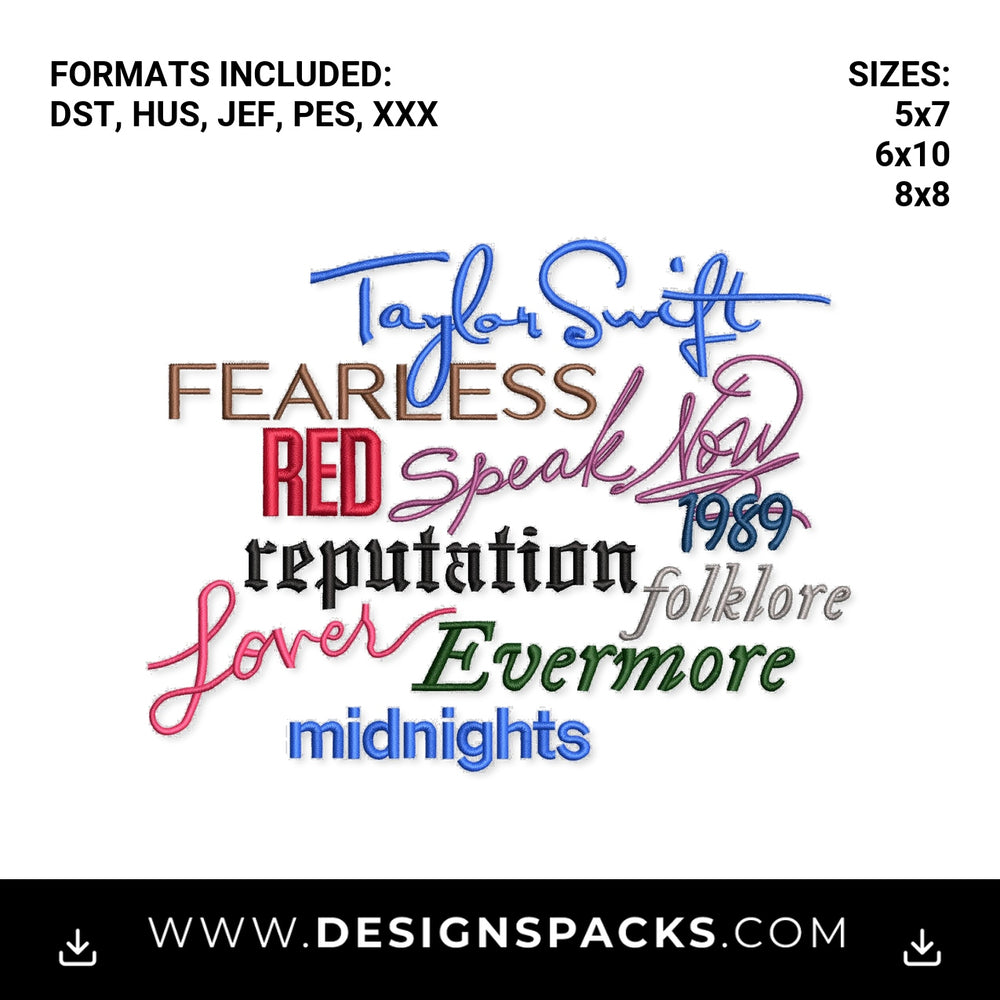 Taylor Swift Eras Tour Albums Embroidery Design - Instant digital download pattern at Designspacks.com