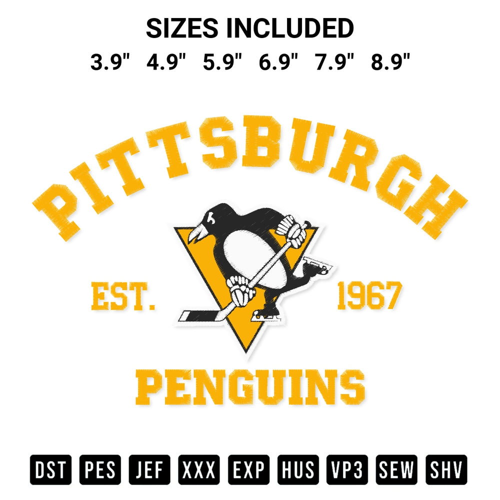 Stitch like a pro with the Pittsburgh Penguins Est 1967 Hockey Embroidery Design embroidery pattern from Designspacks.com. High-quality digital machine embroidery file. Available sizes: 3.9", 4.9", 5.9", 6.9", 7.9", 8.9".