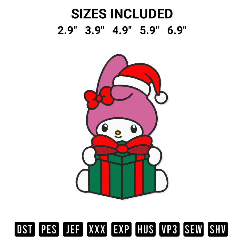 Get the My Melody With Christmas Gift Embroidery Design embroidery design for your custom crafts! Premium digitized files available for instant download at Designspacks.com. Available sizes: 2.9", 3.9", 4.9", 5.9", 6.9".