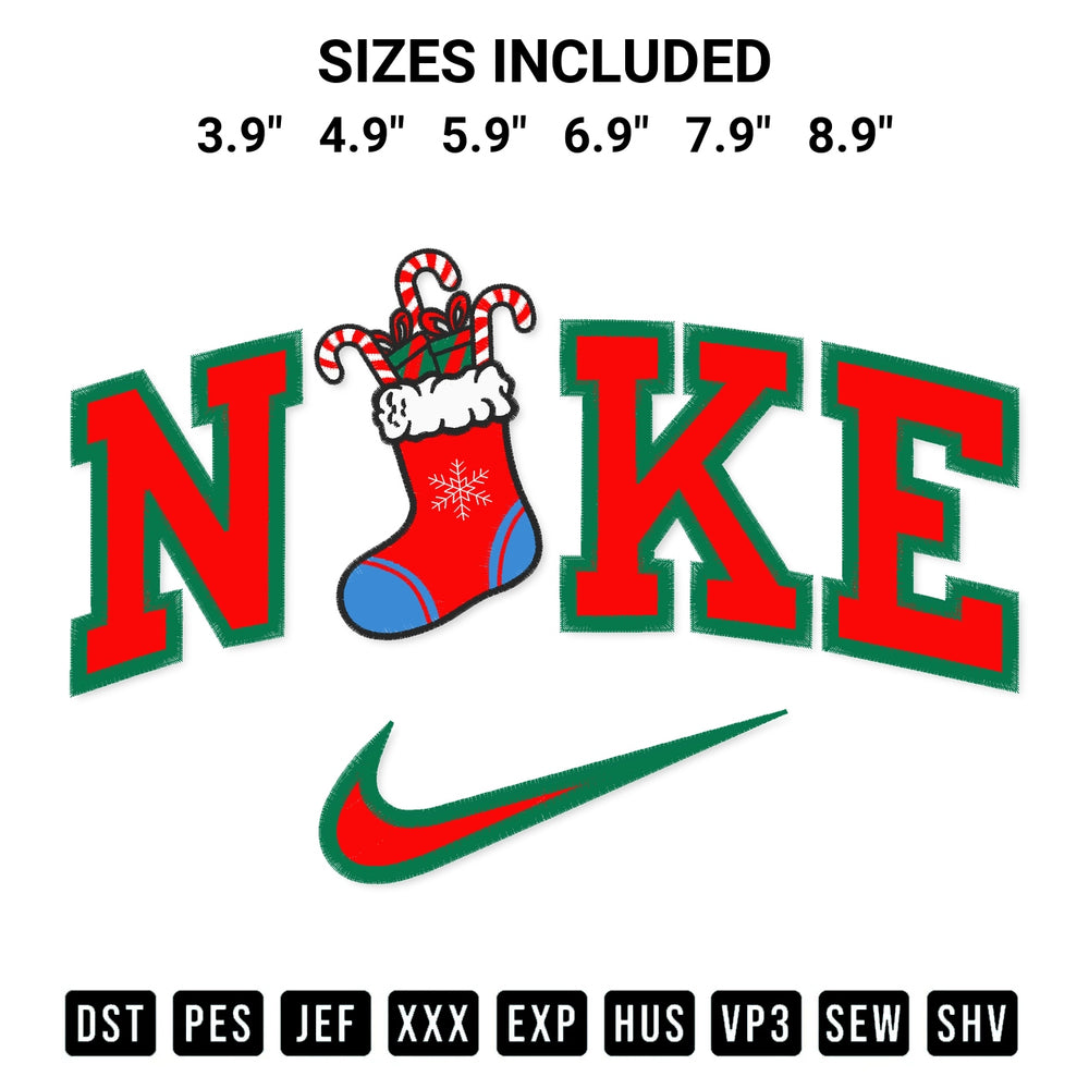 Add a unique touch to your apparel with the Stocking With Candies X Nike Embroidery Design embroidery file. Premium instant download available now on Designspacks.com. Available sizes: 3.9", 4.9", 5.9", 6.9", 7.9", 8.9".