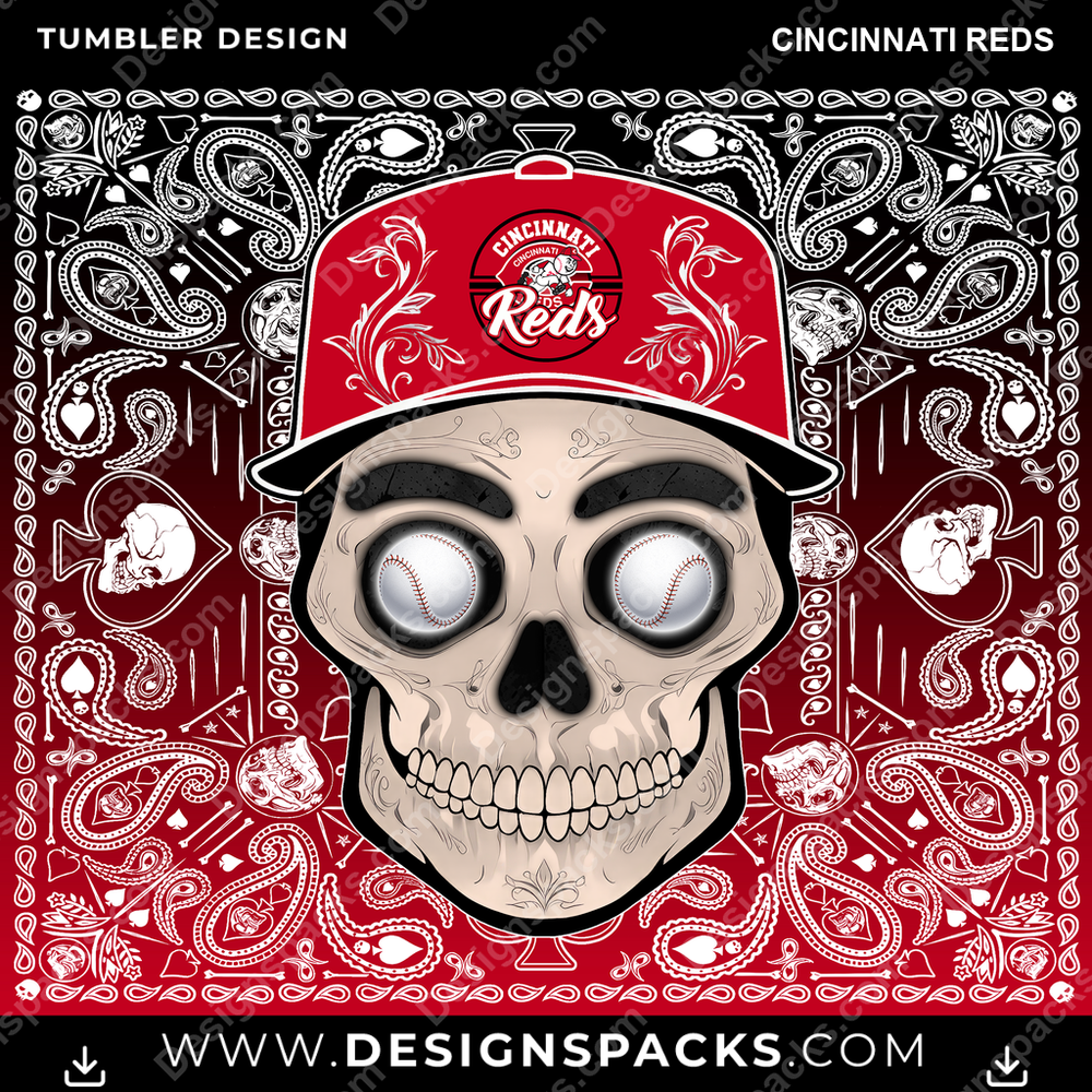 Baseball Skull Handkerchief Cincinnati Reds Tumbler Digital Wrap Design