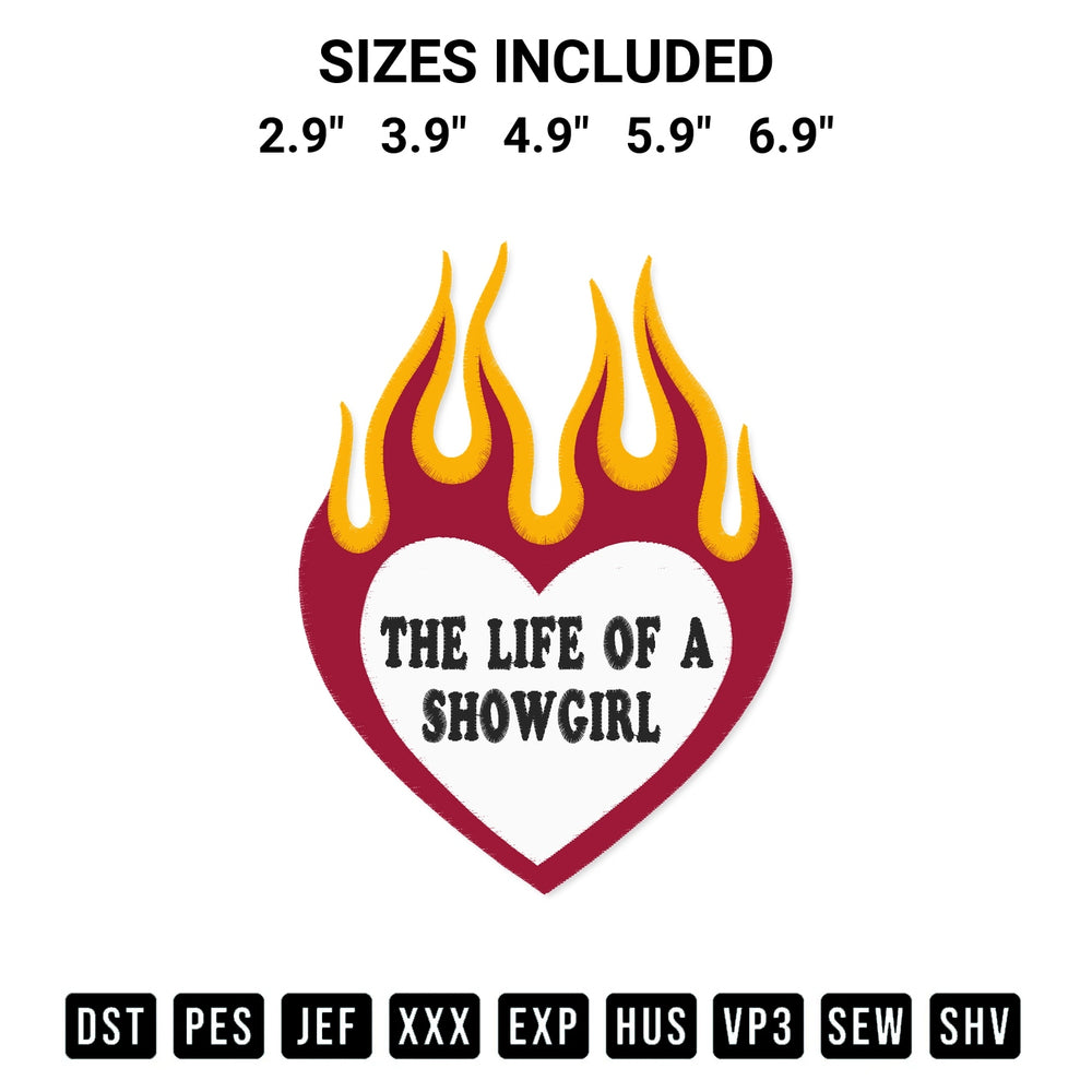 Download the The Life Of A Showgirl Heart Fire Embroidery Design machine embroidery design exclusively at Designspacks.com. Premium digitized pattern for apparel and DIY crafts. Available sizes: 2.9", 3.9", 4.9", 5.9", 6.9".