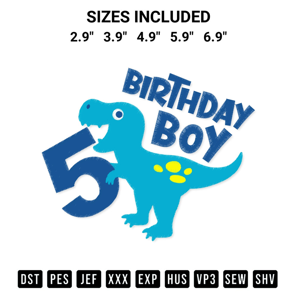 Elevate your next project with our 5 Year Old Boy Birthday Dinosaur Embroidery Design embroidery file. Shop high-quality digital patterns instantly at Designspacks.com. Available sizes: 2.9", 3.9", 4.9", 5.9", 6.9".