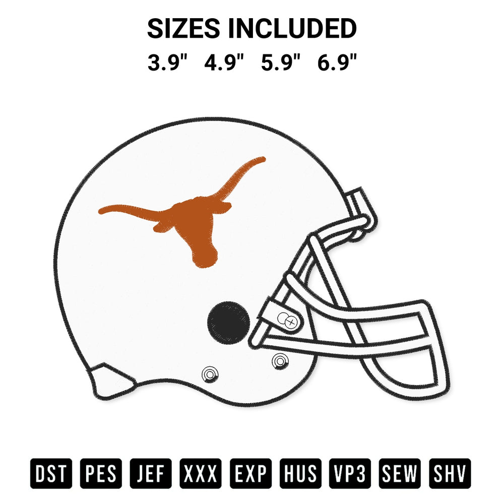 Elevate your next project with our Texas Longhorns Helmet Embroidery Design embroidery file. Shop high-quality digital patterns instantly at Designspacks.com. Available sizes: 3.9", 4.9", 5.9", 6.9".