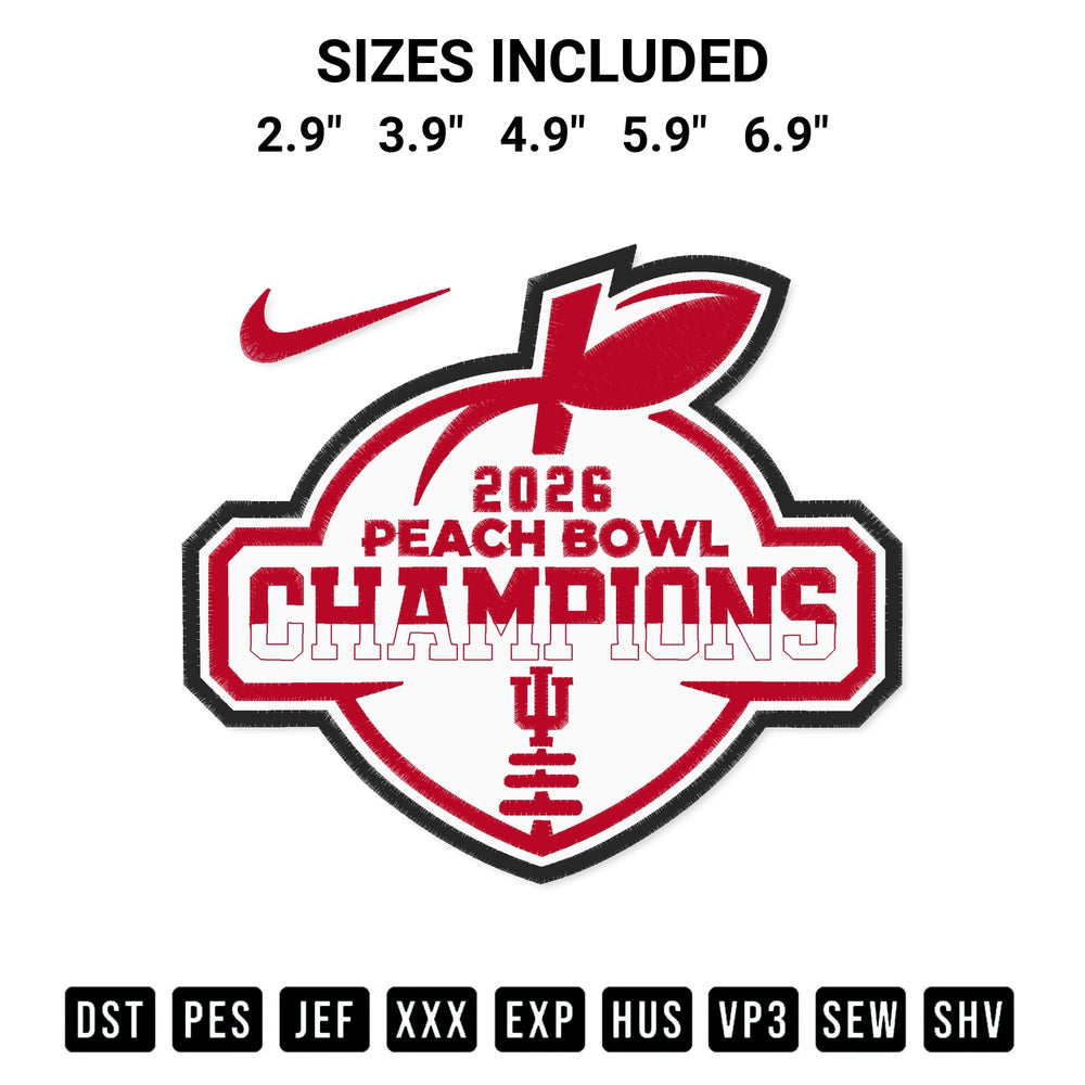 Stitch like a pro with the Indiana Hoosiers 2026 Peach Bowl Champions Embroidery Design embroidery pattern from Designspacks.com. High-quality digital machine embroidery file. Available sizes: 2.9", 3.9", 4.9", 5.9", 6.9".