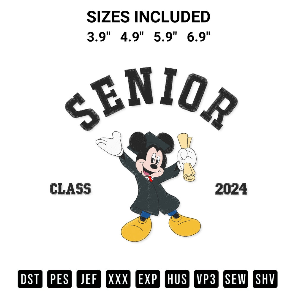 Download the Mickey Senior Class 2024 Embroidery Design machine embroidery design exclusively at Designspacks.com. Premium digitized pattern for apparel and DIY crafts. Available sizes: 3.9", 4.9", 5.9", 6.9".