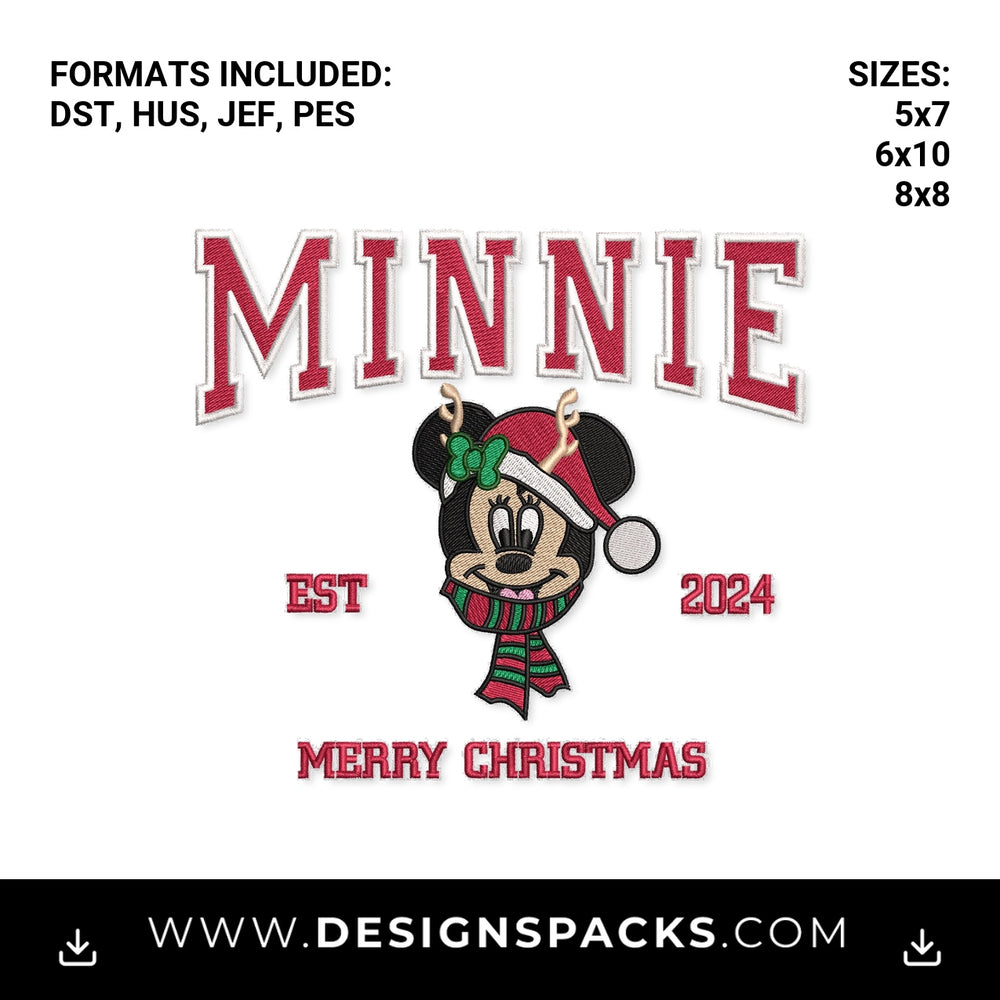 Minnie Mouse Merry Christmas 2024 Embroidery Design - Instant digital download pattern at Designspacks.com