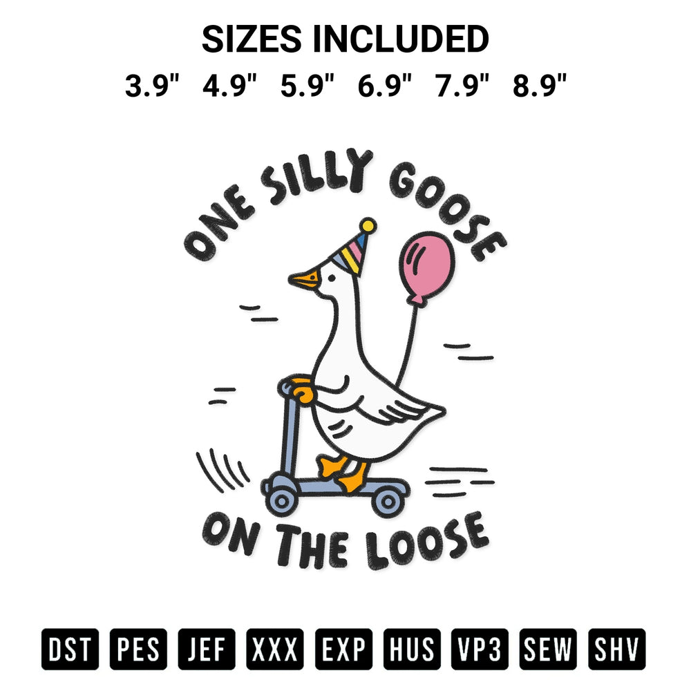 Stitch like a pro with the One Silly Goose On The Loose Embroidery Design embroidery pattern from Designspacks.com. High-quality digital machine embroidery file. Available sizes: 3.9", 4.9", 5.9", 6.9", 7.9", 8.9".
