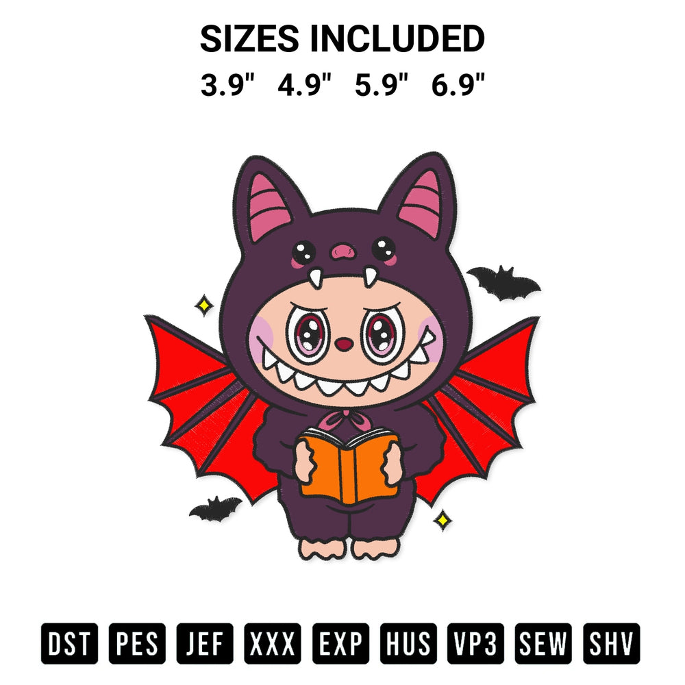Download the Labubu Bat Read Book Embroidery Design machine embroidery design exclusively at Designspacks.com. Premium digitized pattern for apparel and DIY crafts. Available sizes: 3.9", 4.9", 5.9", 6.9".