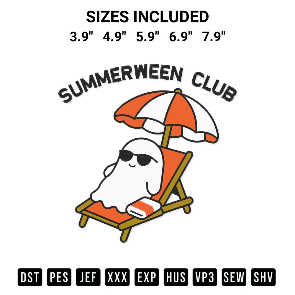 Transform your fabrics with the Summerween Club Ghost Beach Embroidery Design embroidery design. Instant access to premium digitized patterns at Designspacks.com. Available sizes: 3.9", 4.9", 5.9", 6.9", 7.9".