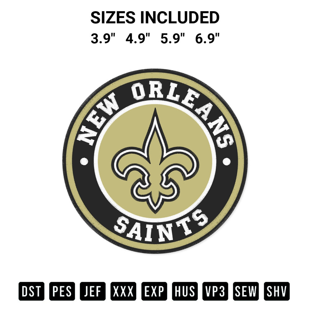 Add a unique touch to your apparel with the New Orleans Saints Circle Logo Embroidery Design embroidery file. Premium instant download available now on Designspacks.com. Available sizes: 3.9", 4.9", 5.9", 6.9".