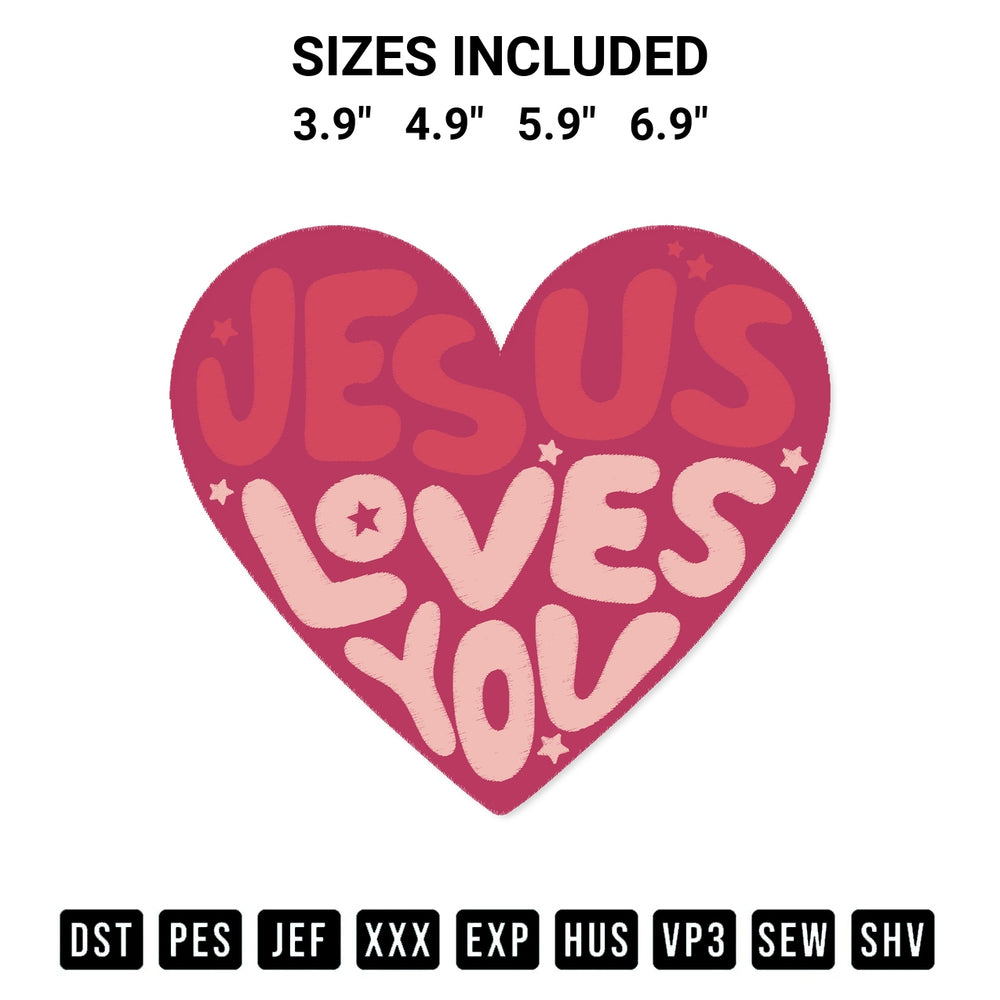 Download the Jesus Loves You Embroidery Design machine embroidery design exclusively at Designspacks.com. Premium digitized pattern for apparel and DIY crafts. Available sizes: 3.9", 4.9", 5.9", 6.9".