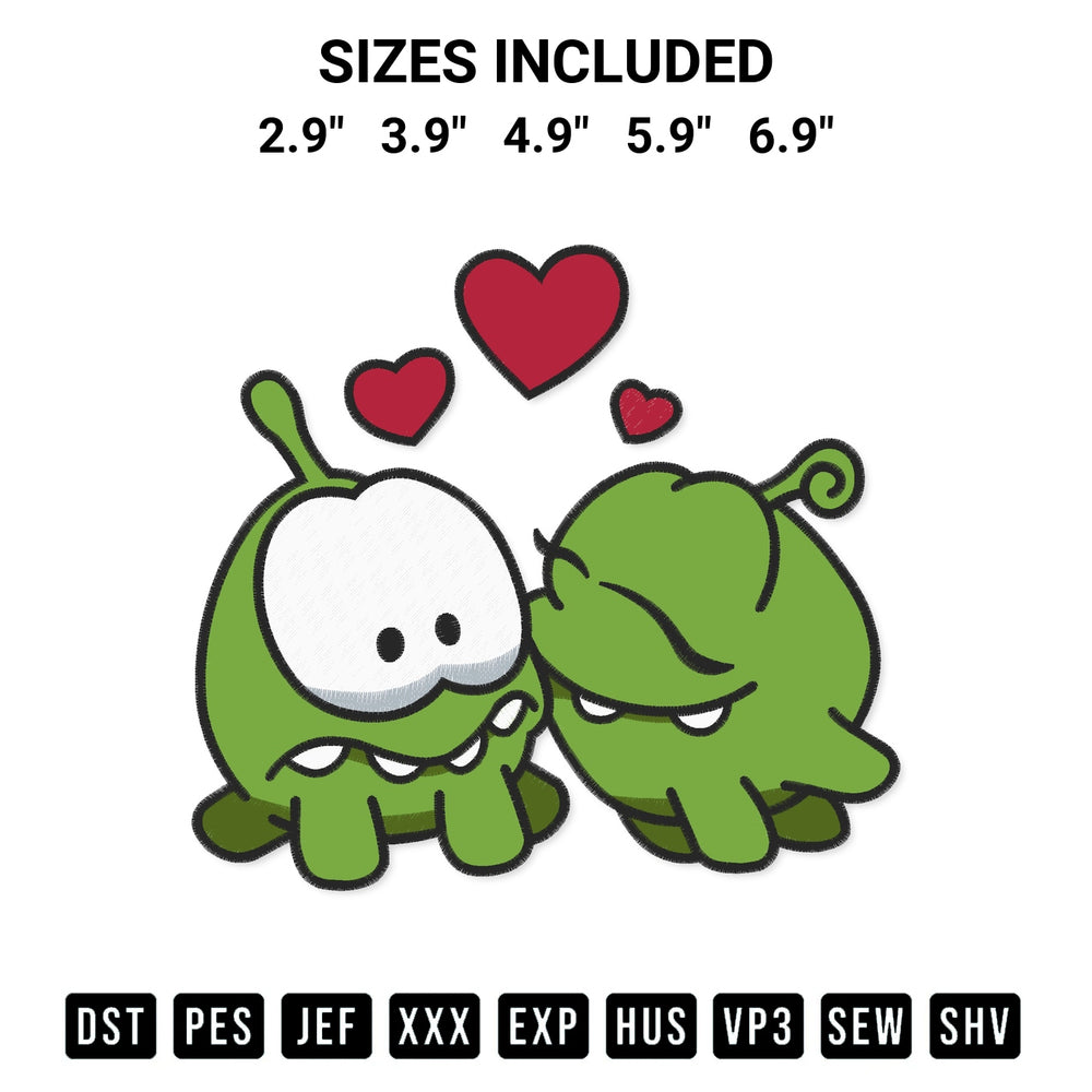 Get the Om Nom And Om Nelle Kiss Embroidery Design embroidery design for your custom crafts! Premium digitized files available for instant download at Designspacks.com. Available sizes: 2.9", 3.9", 4.9", 5.9", 6.9".