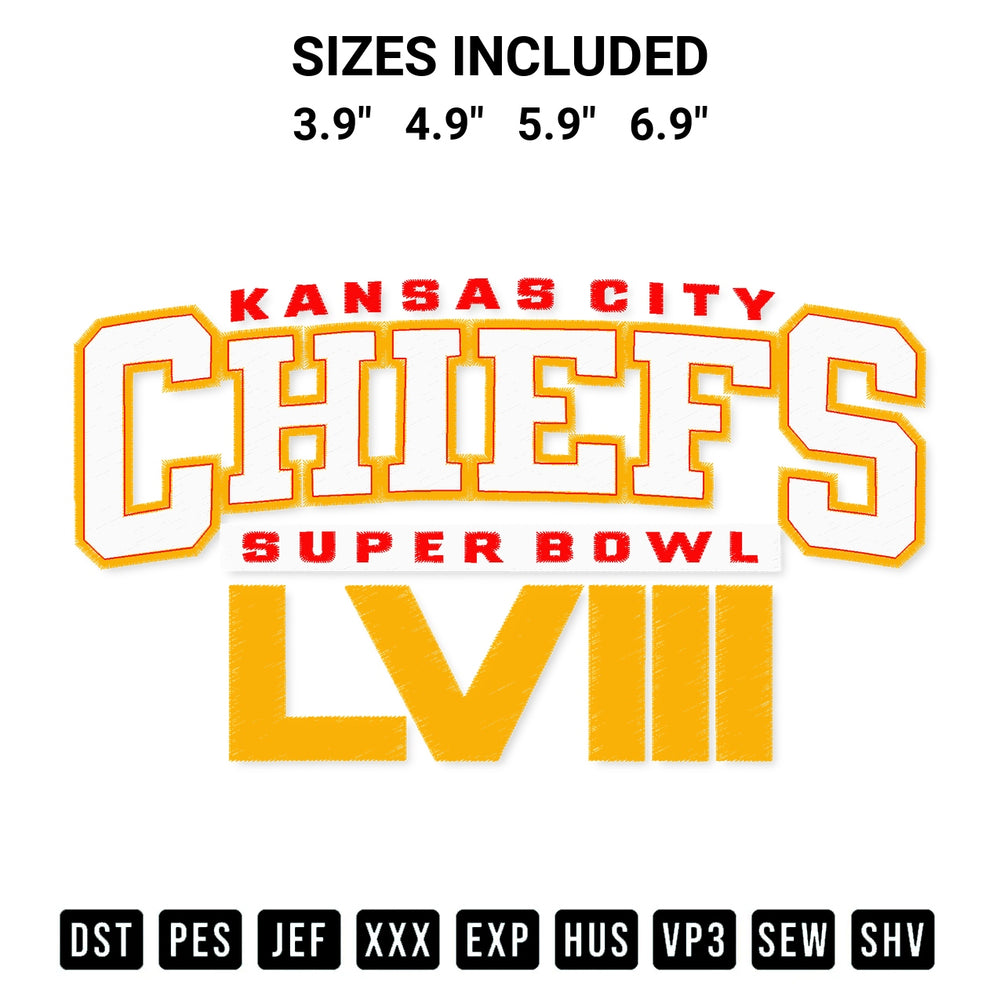 Transform your fabrics with the Kansas City Chiefs Football Super Bowl Lviii Embroidery Design embroidery design. Instant access to premium digitized patterns at Designspacks.com. Available sizes: 3.9", 4.9", 5.9", 6.9".
