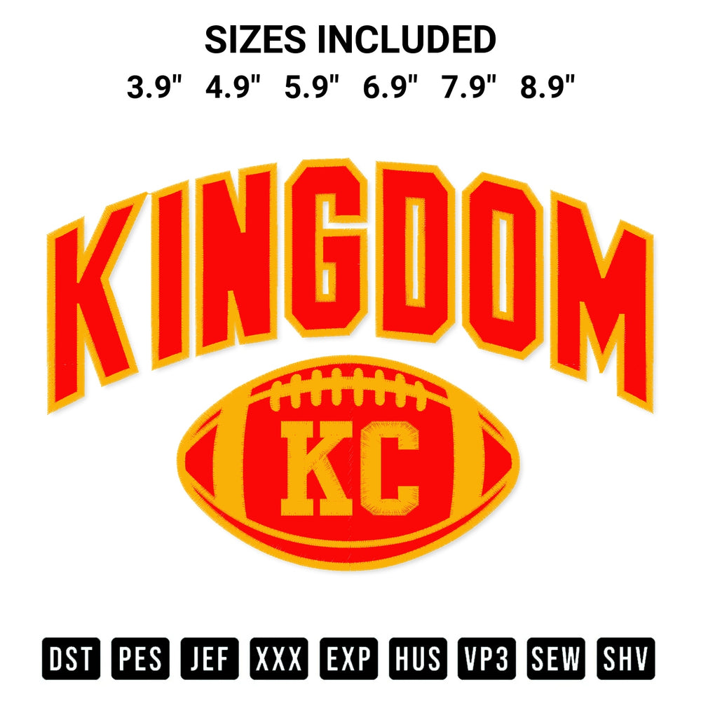 Transform your fabrics with the Kingdom Kc Chiefs Embroidery Design embroidery design. Instant access to premium digitized patterns at Designspacks.com. Available sizes: 3.9", 4.9", 5.9", 6.9", 7.9", 8.9".