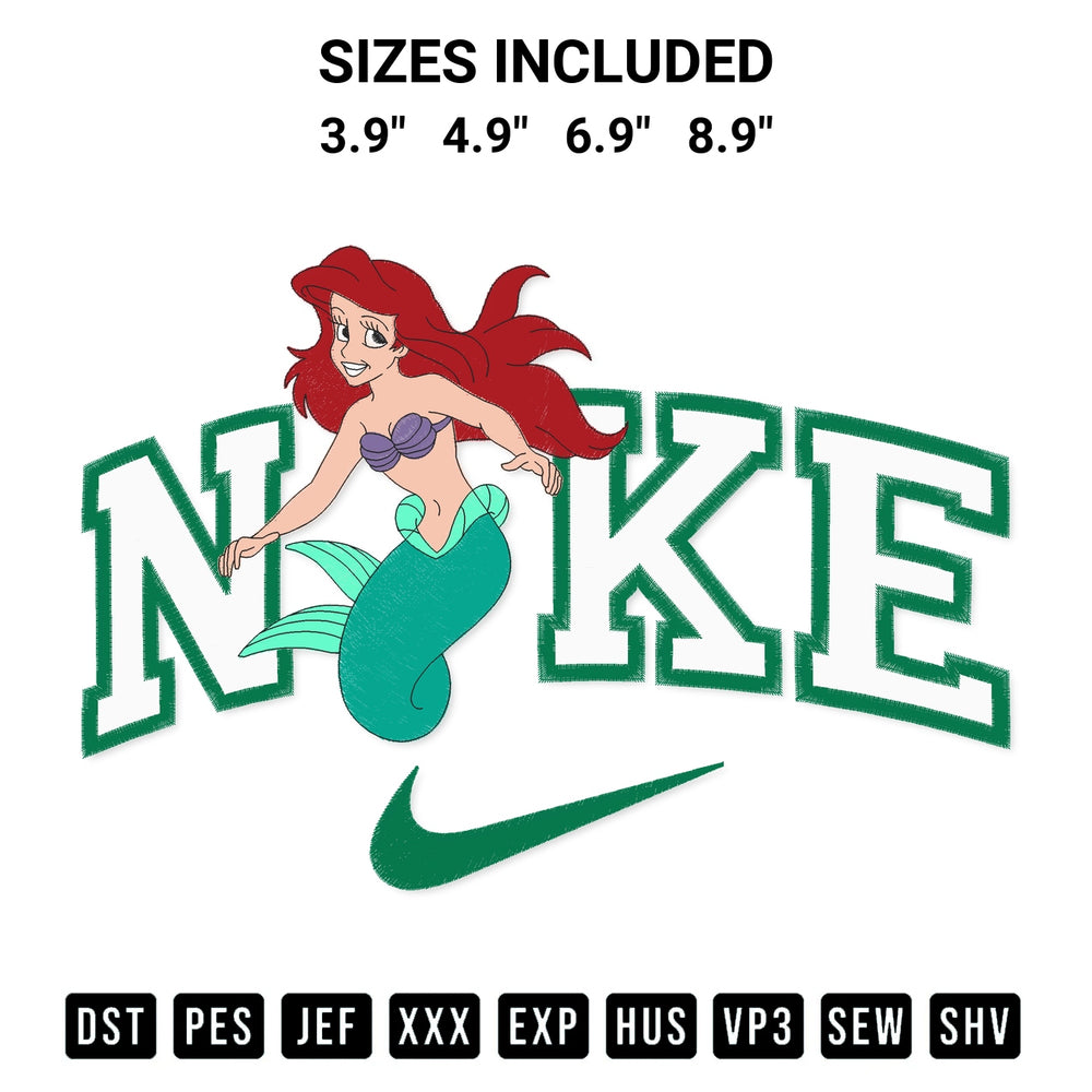 Discover the perfect addition to your crafting collection: Nike Mermaid Ariel Embroidery Design embroidery file. Instantly available at Designspacks.com. Available sizes: 3.9", 4.9", 6.9", 8.9".