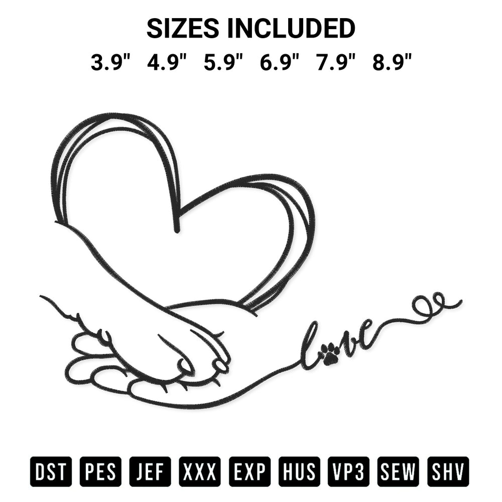 Looking for the perfect pattern? Download the Paw And Hand Paw Love Embroidery Design embroidery design today at Designspacks.com. Crisp, clean stitching guaranteed. Available sizes: 3.9", 4.9", 5.9", 6.9", 7.9", 8.9".