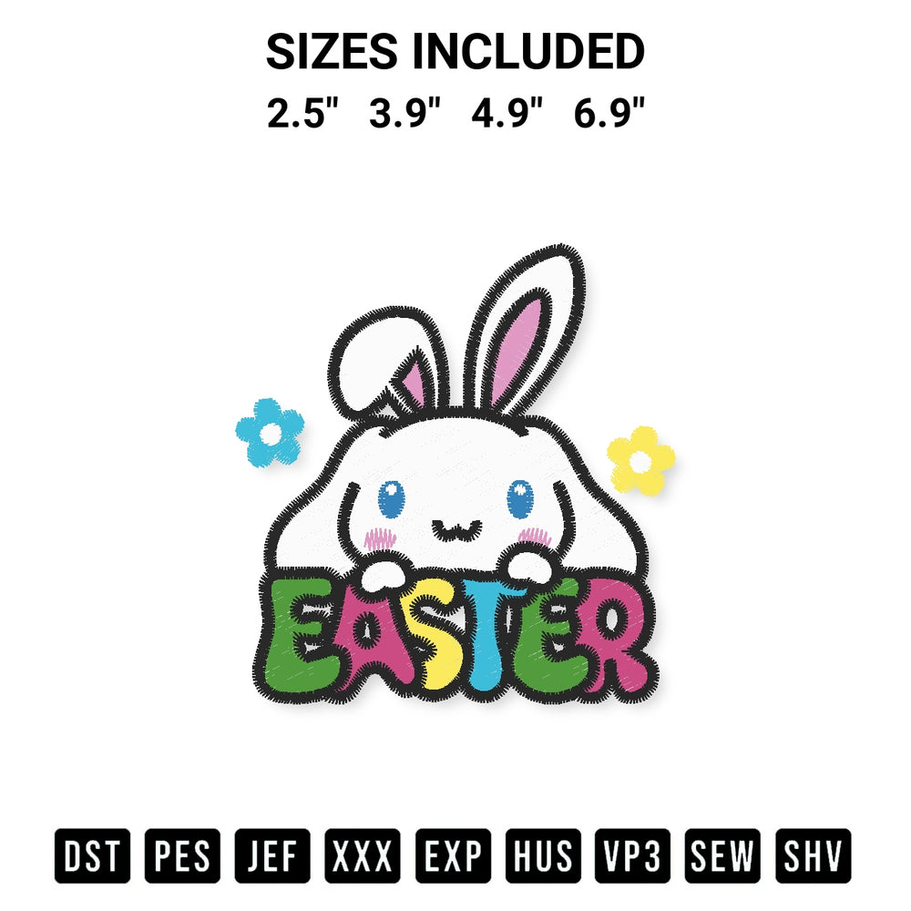 Elevate your next project with our Cinnamoroll Easter Bunny Embroidery Design embroidery file. Shop high-quality digital patterns instantly at Designspacks.com. Available sizes: 2.5", 3.9", 4.9", 6.9".