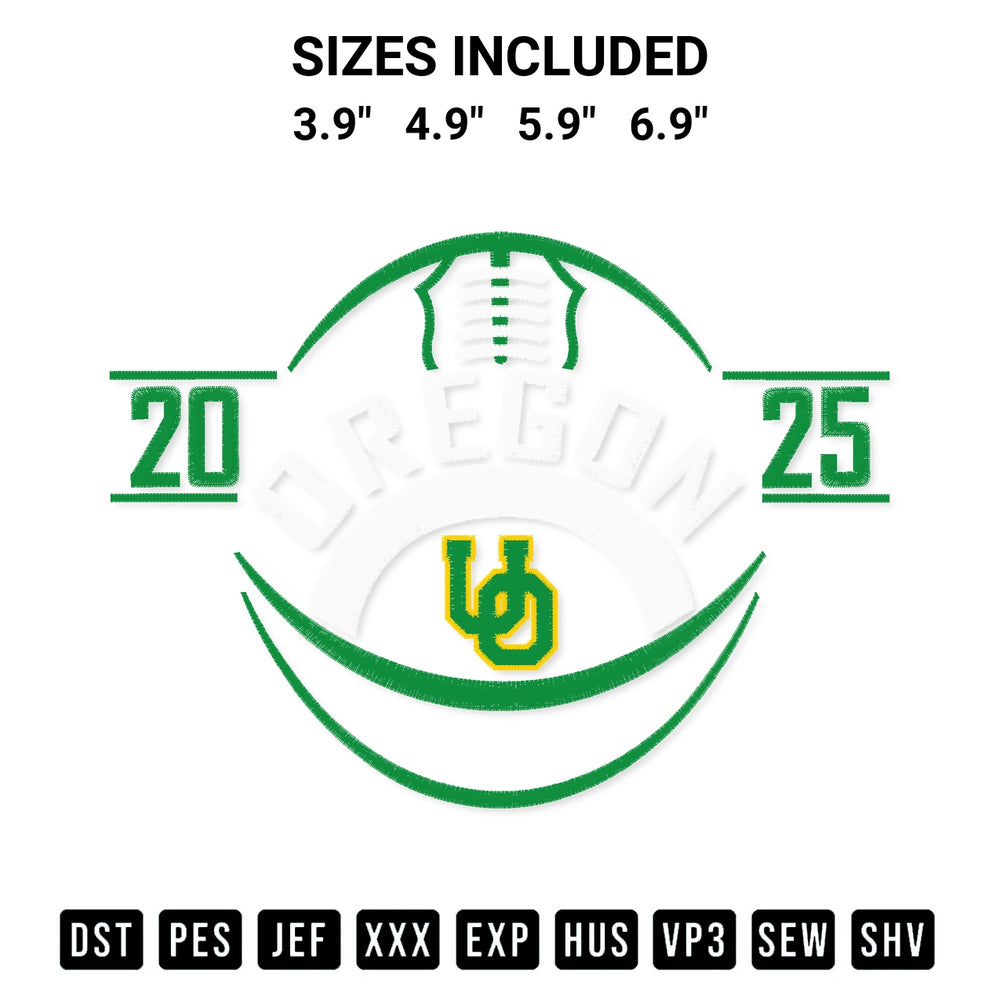 Discover the perfect addition to your crafting collection: Oregon Ducks 2025 Football Embroidery Design embroidery file. Instantly available at Designspacks.com. Available sizes: 3.9", 4.9", 5.9", 6.9".