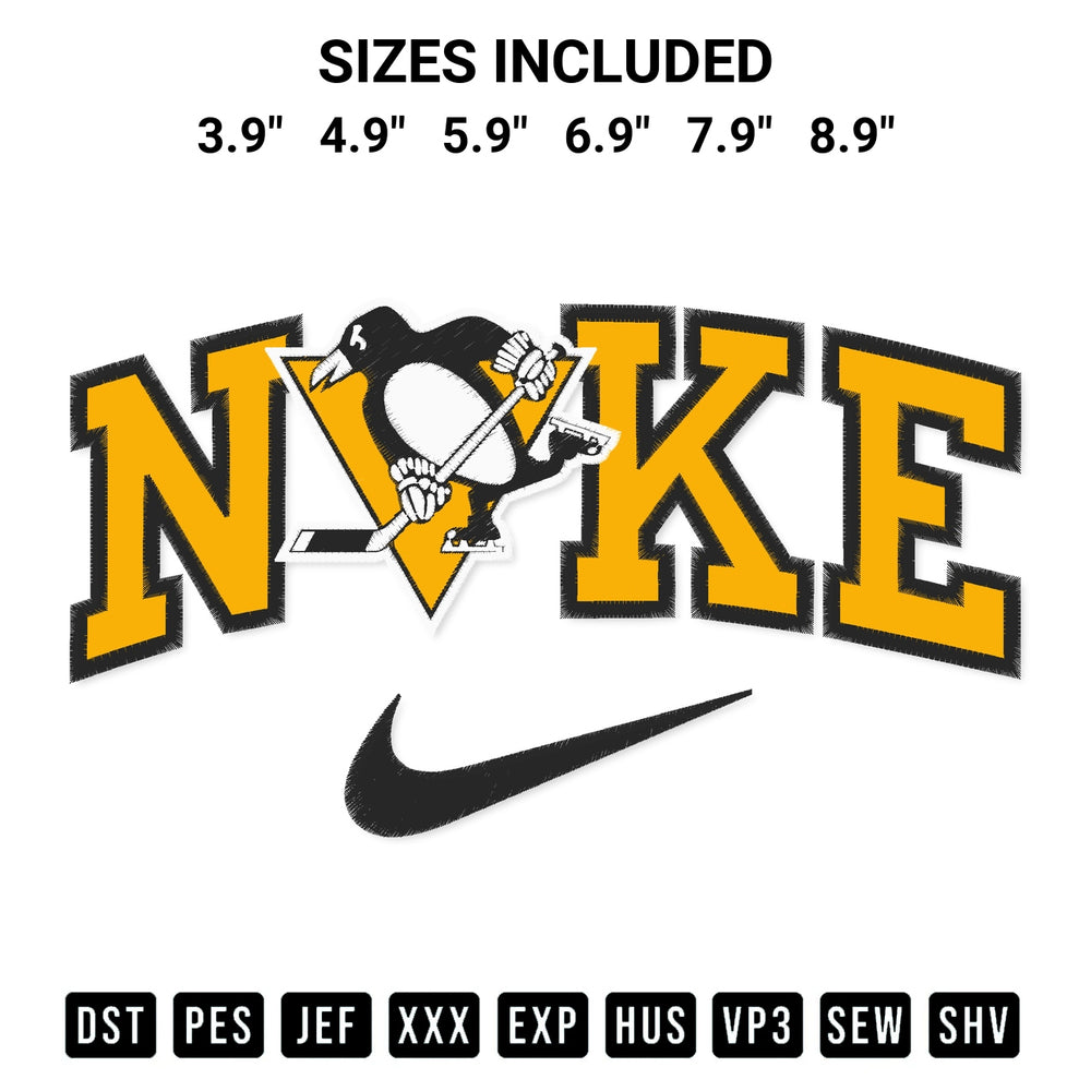 Shop the Nike Pittsburgh Penguins Embroidery Design machine embroidery pattern at Designspacks.com. Beautifully digitized for flawless stitching on any fabric. Available sizes: 3.9", 4.9", 5.9", 6.9", 7.9", 8.9".