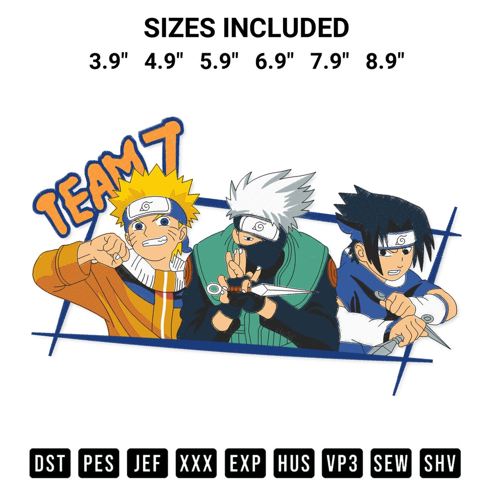 Create amazing crafts with the Naruto Team 7 Embroidery Design embroidery file. High-quality digital download from Designspacks.com, perfect for beginners and pros. Available sizes: 3.9", 4.9", 5.9", 6.9", 7.9", 8.9".
