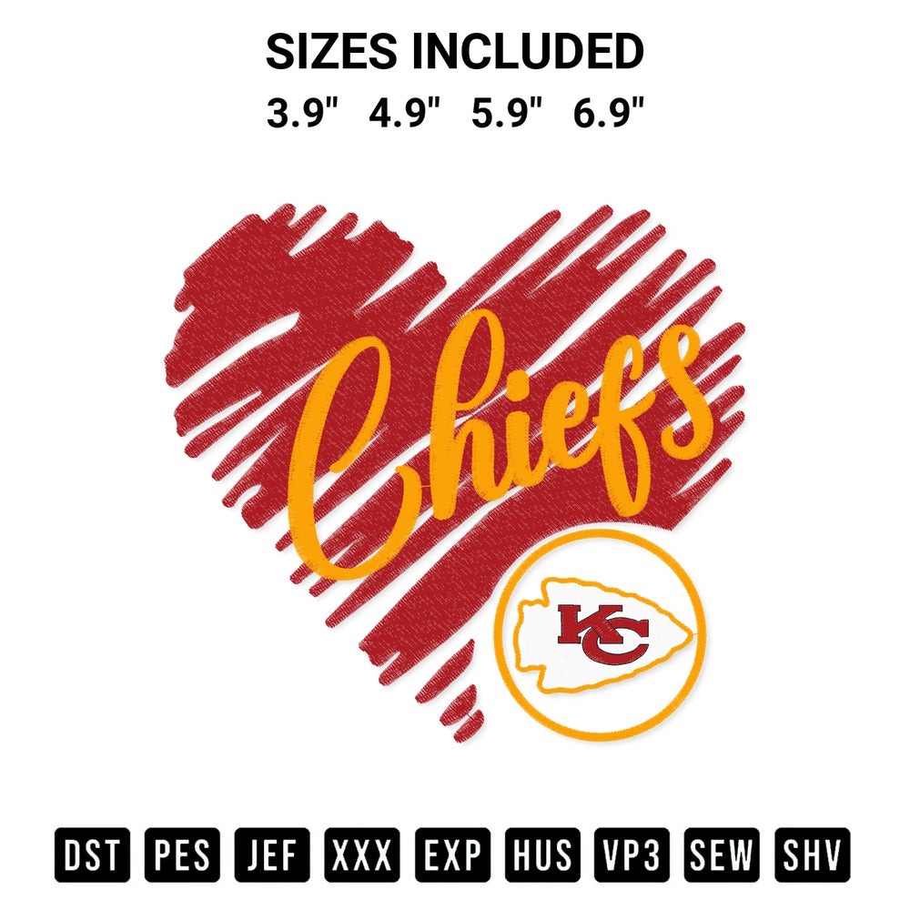 Add a unique touch to your apparel with the Kansas City Chiefs Heart Love American Football Kc Chiefs Embroidery Design embroidery file. Premium instant download available now on Designspacks.com. Available sizes: 3.9", 4.9", 5.9", 6.9".