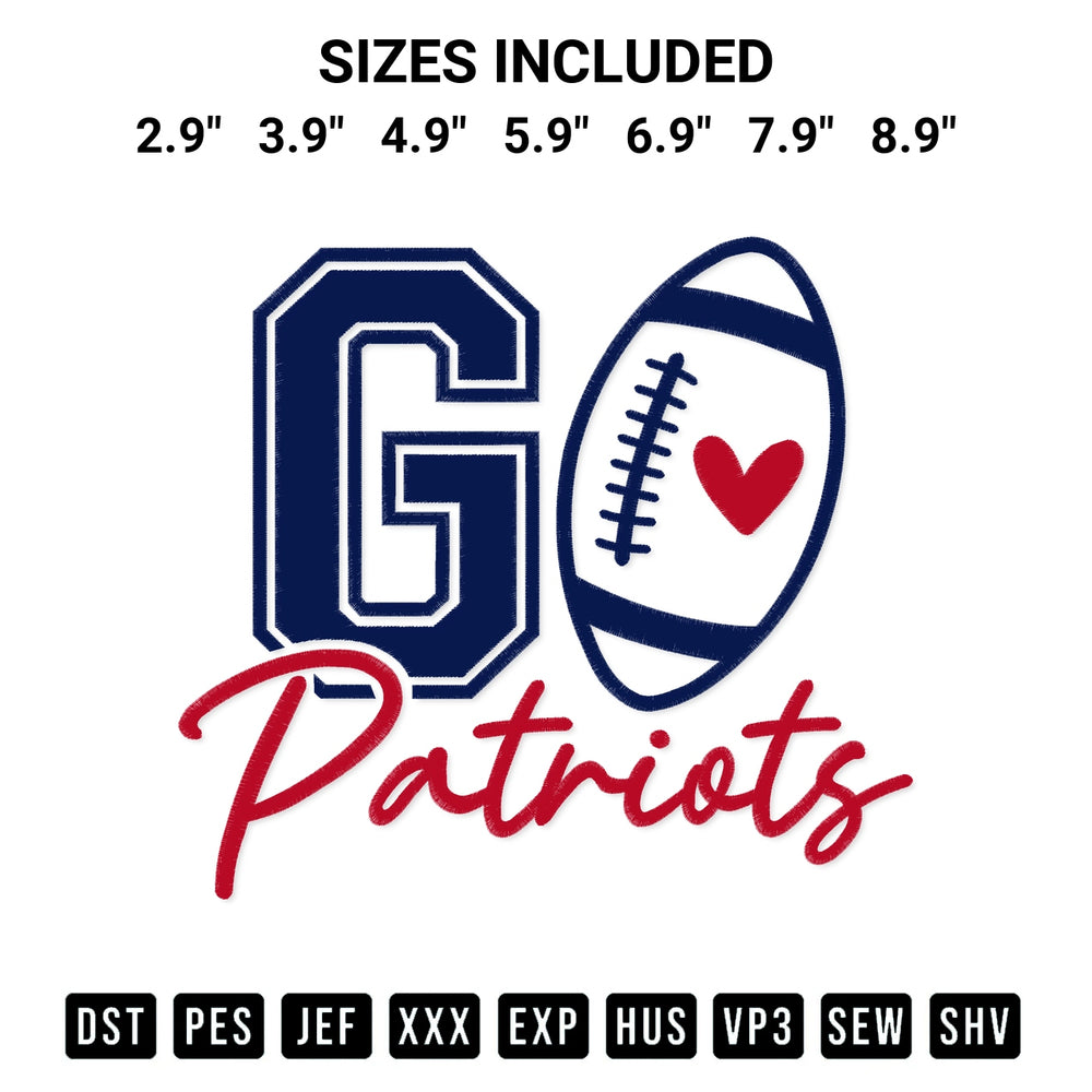 Get the Go Patriots Football Embroidery Design embroidery design for your custom crafts! Premium digitized files available for instant download at Designspacks.com. Available sizes: 2.9", 3.9", 4.9", 5.9", 6.9", 7.9", 8.9".