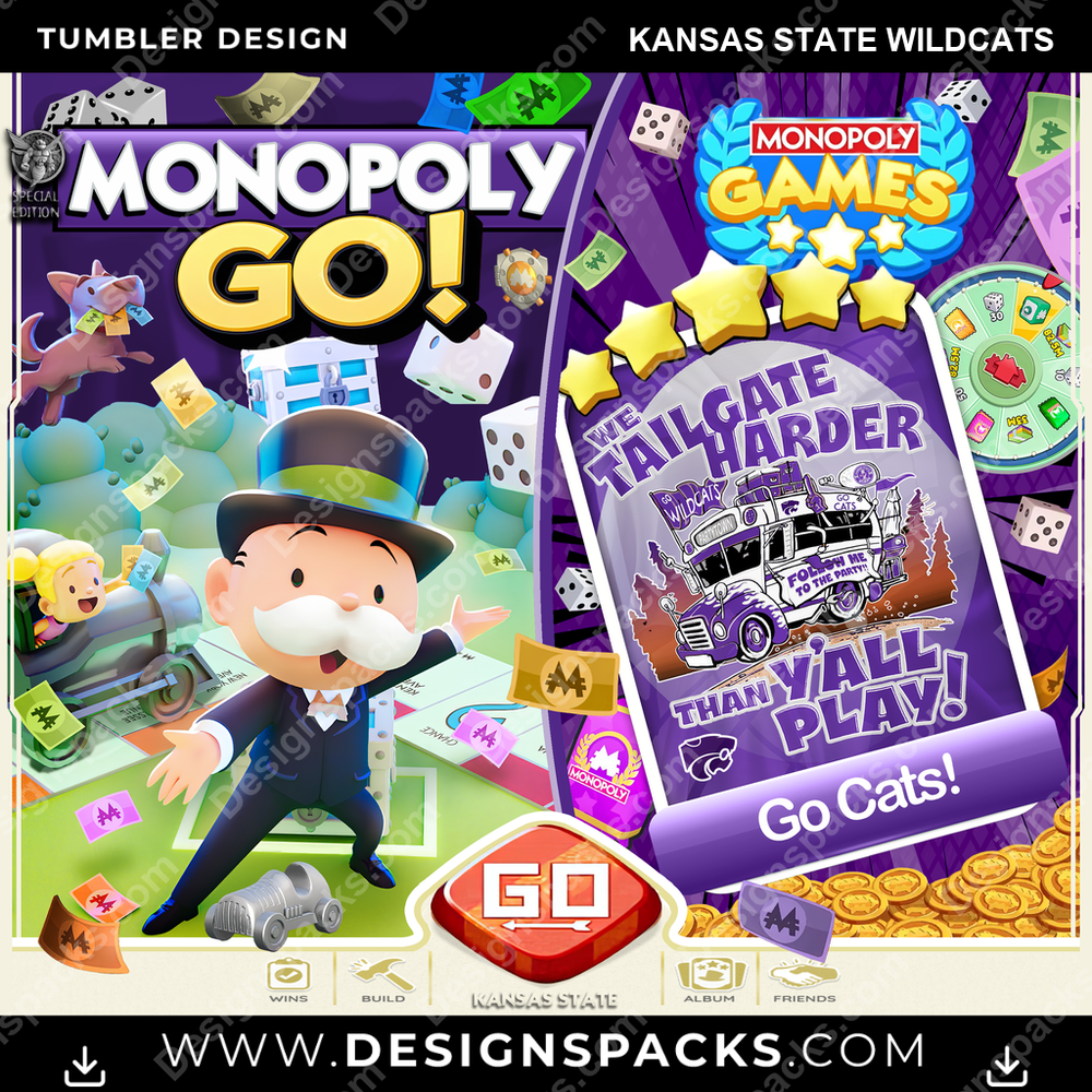 College Sport Monopoly Go! Kansas State Wildcats NCAA College Sport Tumbler Digital Wrap Design Download