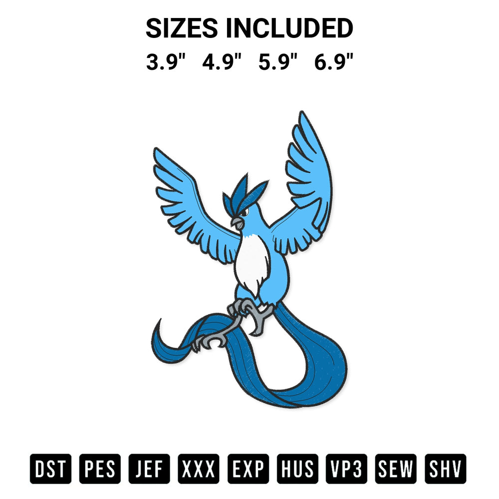 Stitch like a pro with the Articuno Pokemon Embroidery Design embroidery pattern from Designspacks.com. High-quality digital machine embroidery file. Available sizes: 3.9", 4.9", 5.9", 6.9".