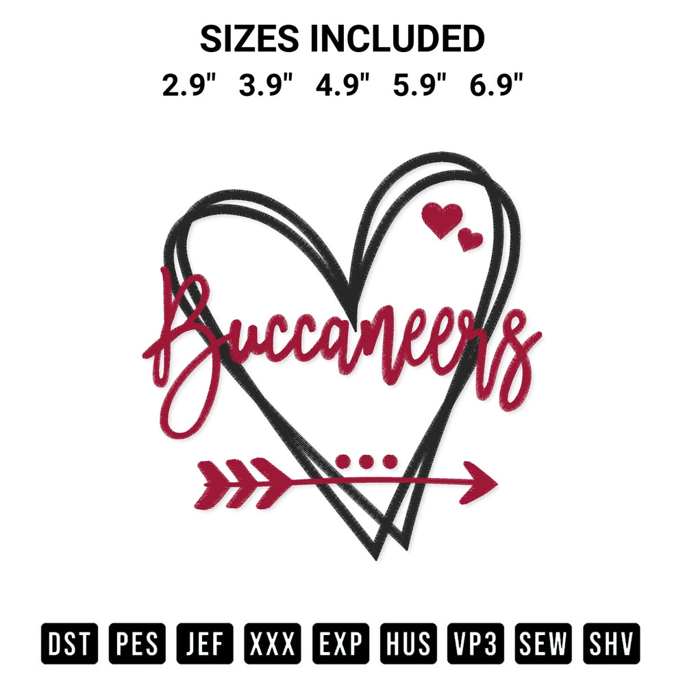 Create amazing crafts with the Tampa Bay Buccaneers Heart Embroidery Design embroidery file. High-quality digital download from Designspacks.com, perfect for beginners and pros. Available sizes: 2.9", 3.9", 4.9", 5.9", 6.9".
