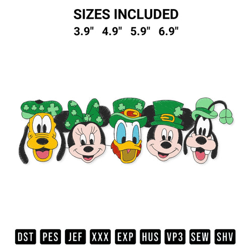 Stitch like a pro with the St Patricks Day Mouse And Friends Face Embroidery Design embroidery pattern from Designspacks.com. High-quality digital machine embroidery file. Available sizes: 3.9