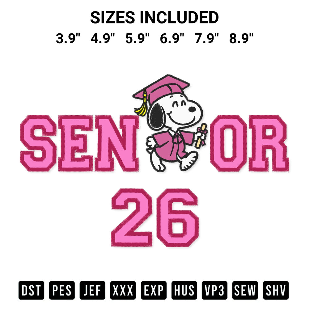Add a unique touch to your apparel with the Snoopy Senior 2026 Embroidery Design embroidery file. Premium instant download available now on Designspacks.com. Available sizes: 3.9", 4.9", 5.9", 6.9", 7.9", 8.9".