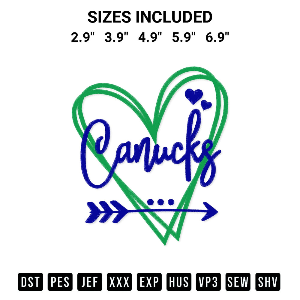 Transform your fabrics with the Canucks Heart Embroidery Design embroidery design. Instant access to premium digitized patterns at Designspacks.com. Available sizes: 2.9", 3.9", 4.9", 5.9", 6.9".