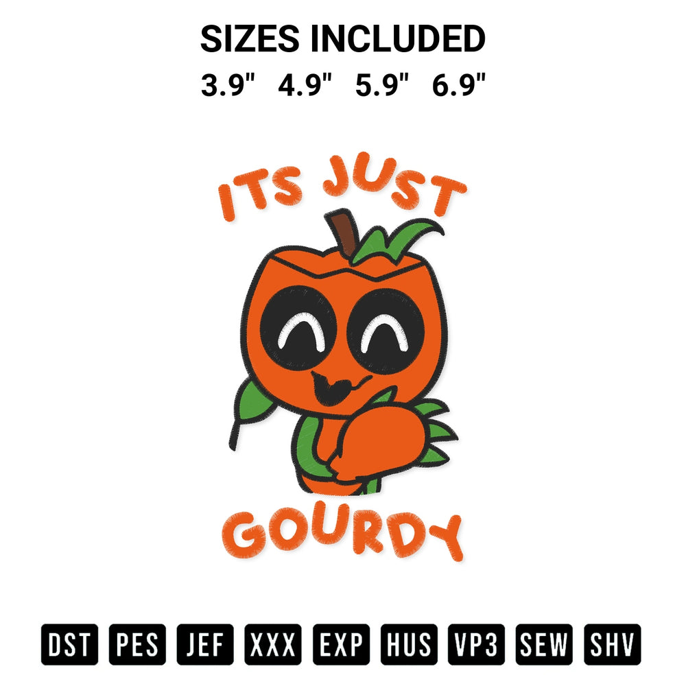 Shop the Its Just Gourdy Halloween Pumpkin Embroidery Design machine embroidery pattern at Designspacks.com. Beautifully digitized for flawless stitching on any fabric. Available sizes: 3.9", 4.9", 5.9", 6.9".