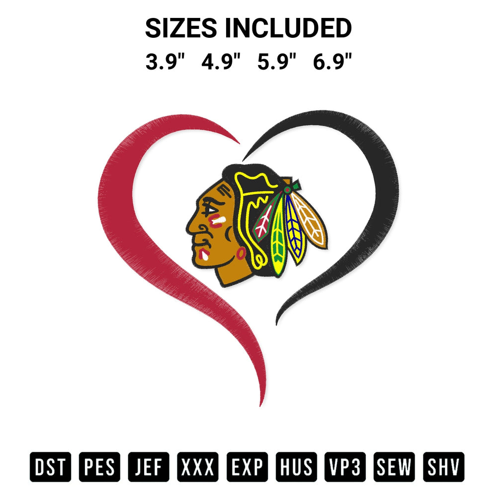 Create amazing crafts with the Chicago Blackhawks Heart Nhl Embroidery Design embroidery file. High-quality digital download from Designspacks.com, perfect for beginners and pros. Available sizes: 3.9", 4.9", 5.9", 6.9".